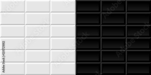 White and black subway tile background. Metro brick horizontal pattern for kitchen, bathroom or outdoor architecture. Glossy interior design tiled material. Realistic vector illustration.