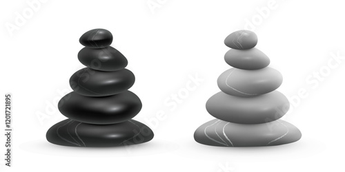 Stone balance towers vector illustration set for meditation, spa, relax. Black and gray stones pyramids. Abstract stacked pebbles isolated on transparent background.