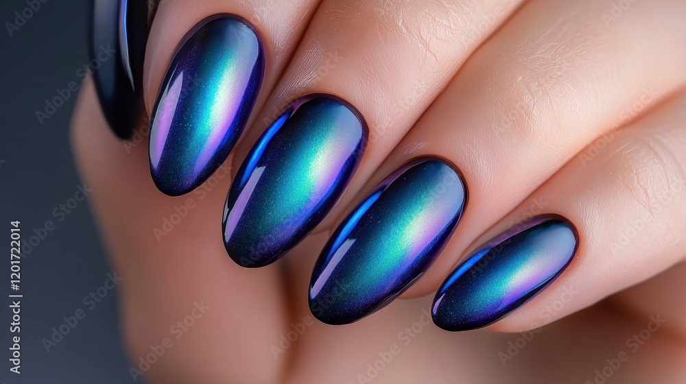 A close-up of beautifully manicured nails featuring a stunning iridescent finish with shades of blue and purple. A close-up of beautifully manicured nails featuring a stunning iridescent finish with shades of blue and purple.