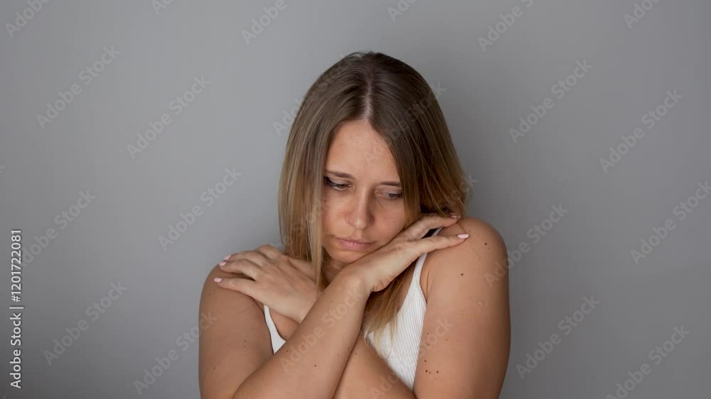 Young exhausted blonde woman feeling lonely hugging herself. Solitude, despair, apathy, depression, frustration, exhaustion, mental disorder, anxiety,
uneasiness, sociopathy, high sensitivity Young exhausted blonde woman feeling lonely hugging herself. Solitude, despair, apathy, depression, frustration, exhaustion, mental disorder, anxiety,
uneasiness, sociopathy, high sensitivity