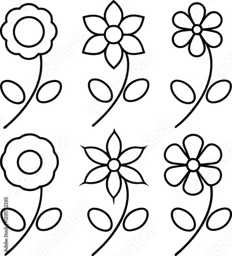 Simple Line Drawings of Six Different Flowers, Botanical Illustrations