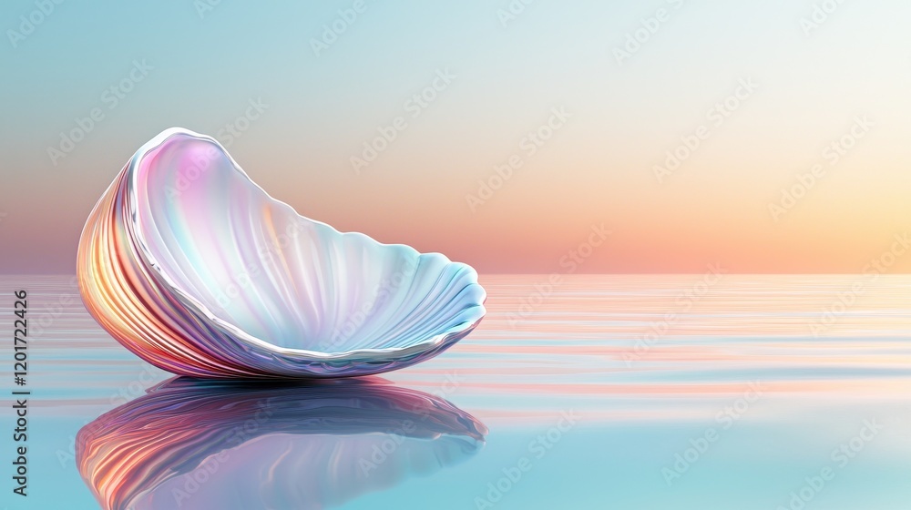 A serene, iridescent shell rests on calm water, reflecting soft pastel hues of a tranquil sunset. A serene, iridescent shell rests on calm water, reflecting soft pastel hues of a tranquil sunset.
