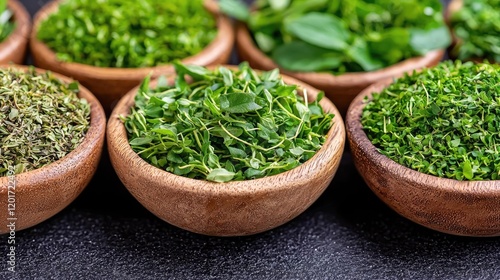 Assorted fresh herbs in wooden bowls, kitchen table, cooking preparation, food blog use