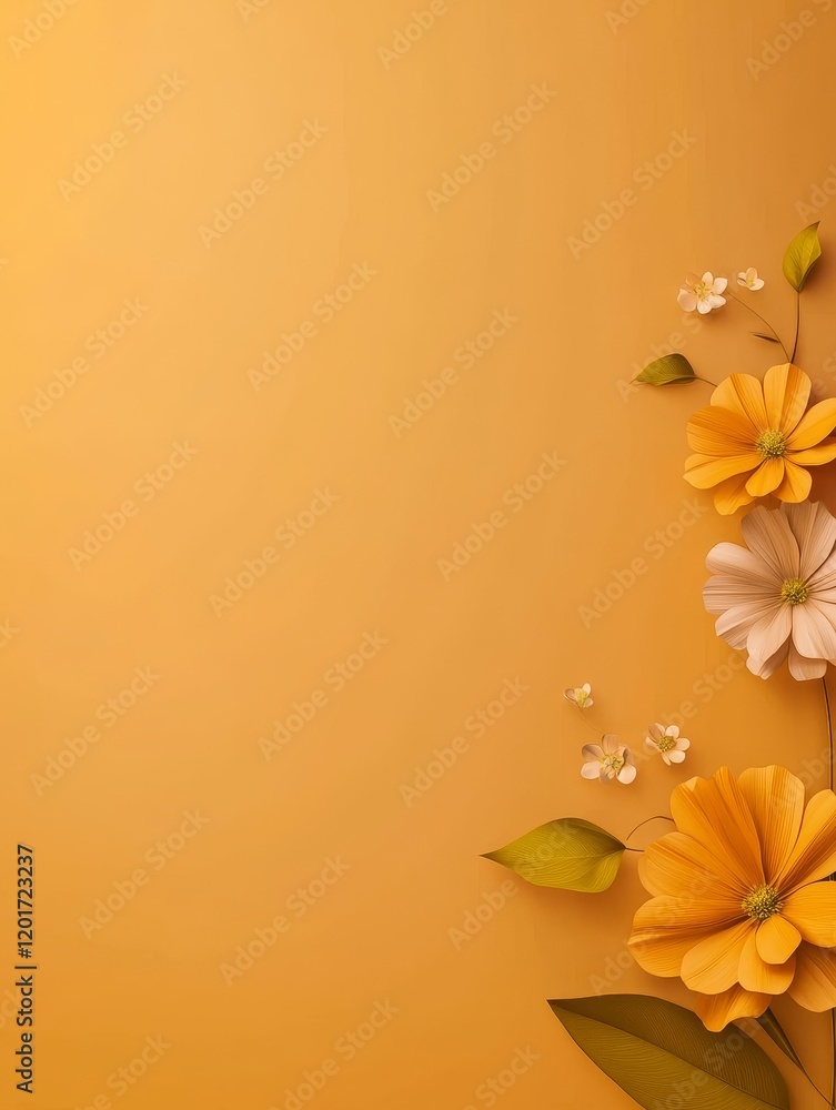 Naklejka premium Orange Floral Background Design - Elegant orange background with stylized flowers and leaves, perfect for invitations, cards, or websites.
