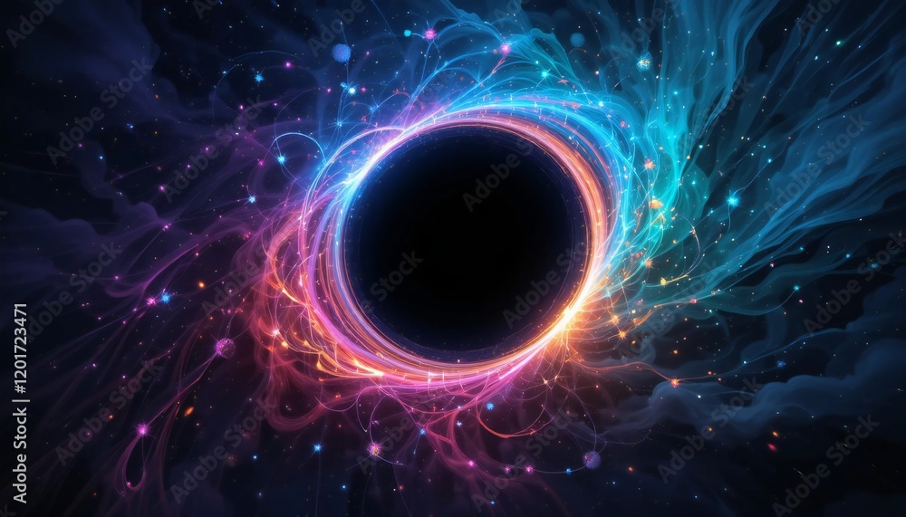 Obraz premium A cosmic scene featuring a dark black hole encircled by vibrant rainbow lighting, set against a deep space backdrop.