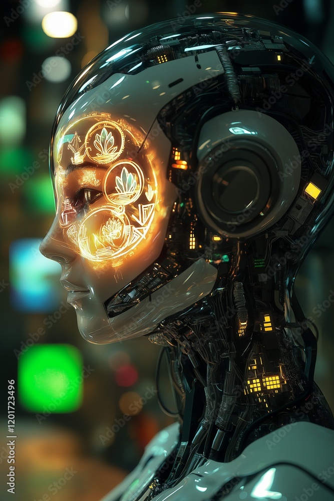 Fototapeta premium Futuristic AI robot projecting holographic symbols of wealth and prosperity, blending technology and abstract visualization in a vibrant setting.