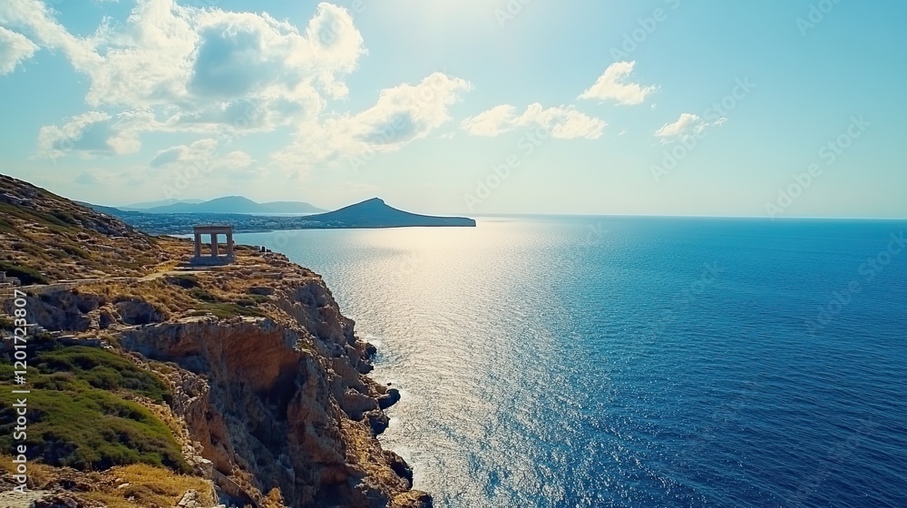 Coastal Greek temple ruins, sunny Aegean sea, island background; travel, tourism Coastal Greek temple ruins, sunny Aegean sea, island background; travel, tourism