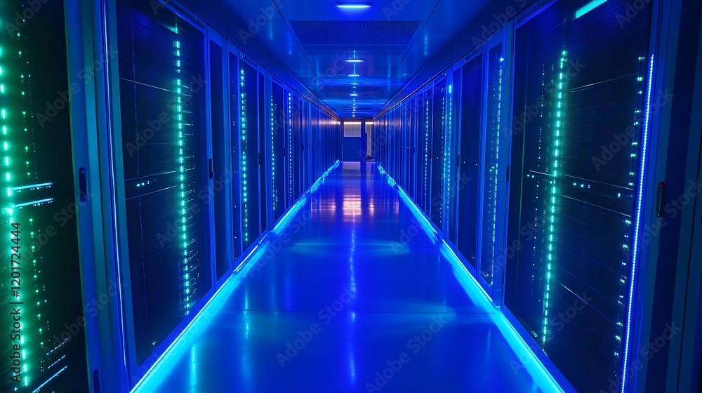 Data center corridor, glowing servers, technology infrastructure