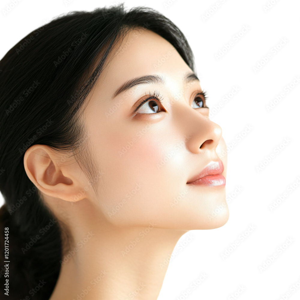 Fototapeta premium A close-up portrait of a woman gazing upward with a serene expression.