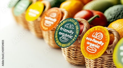 Close-up of wicker baskets labeled with eco-friendly organic tags, showcasing sustainable food branding and fresh produce. photo