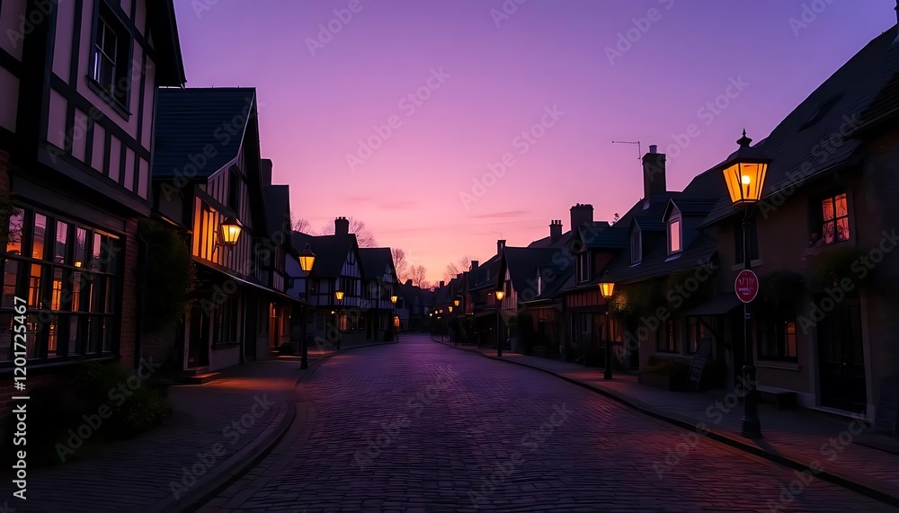 Fototapeta premium Charming Twilight Street Scene in European Village