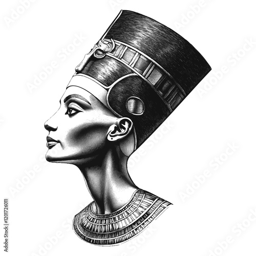Queen Nefertiti Engraving, Black and White Profile Illustration with Detailed Crown and Neckpiece, isolated with transparent background