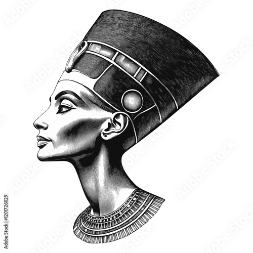 Queen Nefertiti Engraving, Black and White Profile Illustration with Detailed Crown and Neckpiece, isolated with transparent background