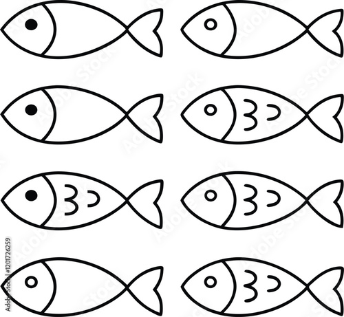 Simple Line Drawings of Eight Different Fish Illustrations