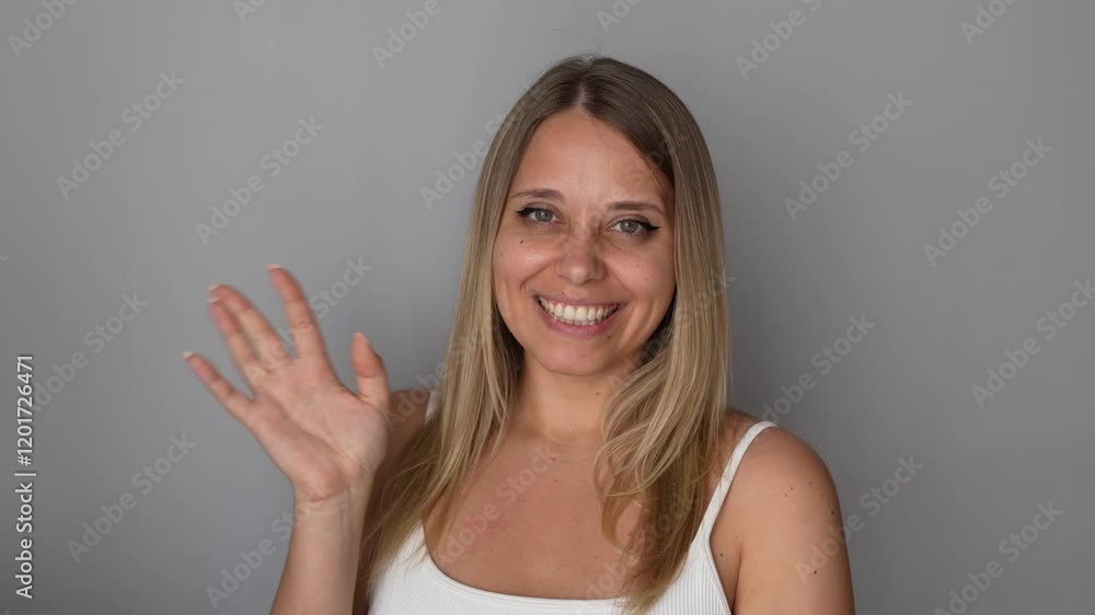 Young happy smiling caucasian blonde woman waving her hand in greeting saying Young happy smiling caucasian blonde woman waving her hand in greeting saying