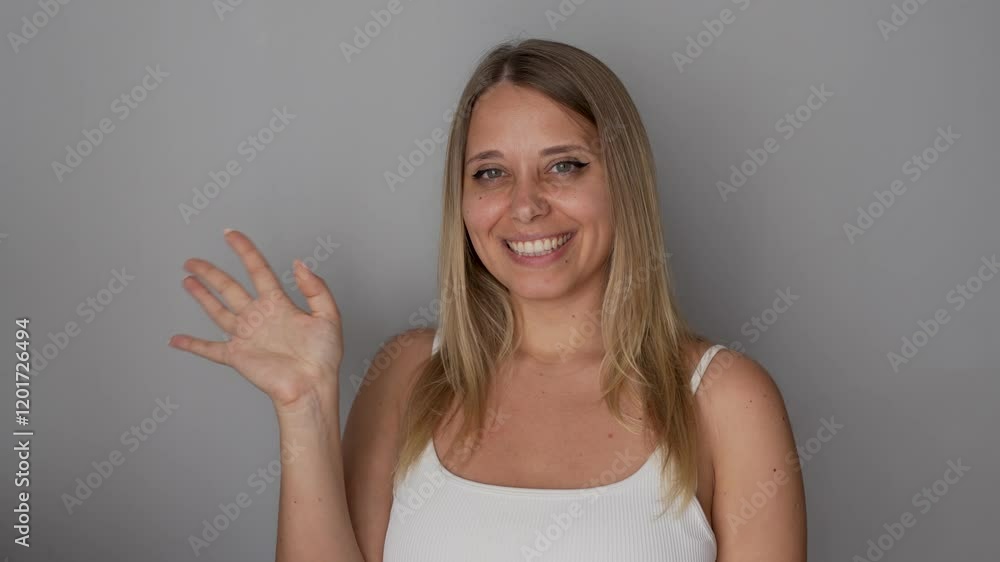 Young happy smiling caucasian blonde woman waving her hand in greeting on a grey background. Hi, hello gesture, salute Young happy smiling caucasian blonde woman waving her hand in greeting on a grey background. Hi, hello gesture, salute