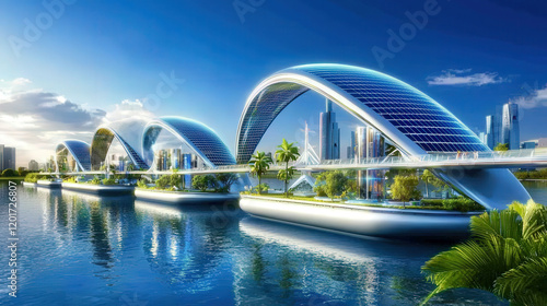 Futuristic solar-powered bridges spanning a tranquil bay, integrating green spaces