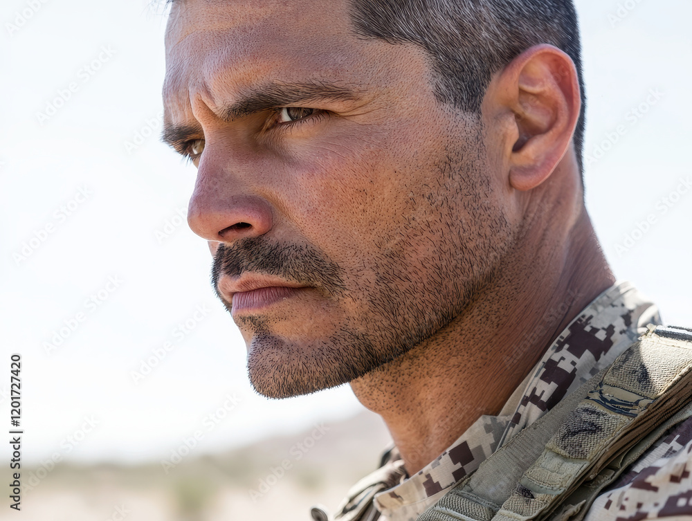 Obraz premium Intense soldier portrait in desert environment, showcasing determination and focus