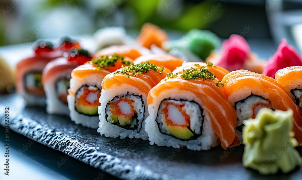 Delicious salmon sushi platter, restaurant setting, close-up