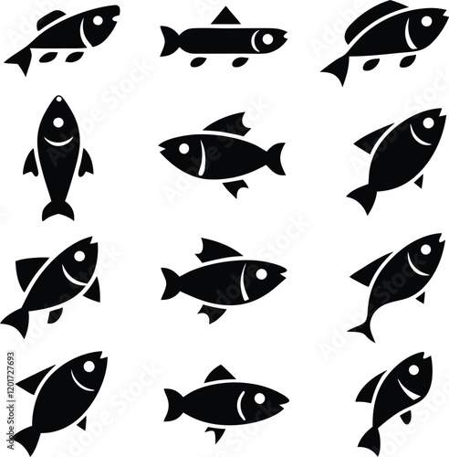 Twelve Simple Black Silhouettes of Various Fish Species