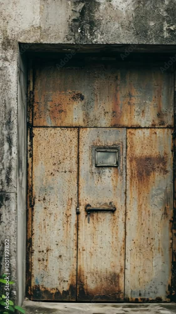 Old rusted door in a weathered wall with peeling paint in an abandoned building during daylight Old rusted door in a weathered wall with peeling paint in an abandoned building during daylight