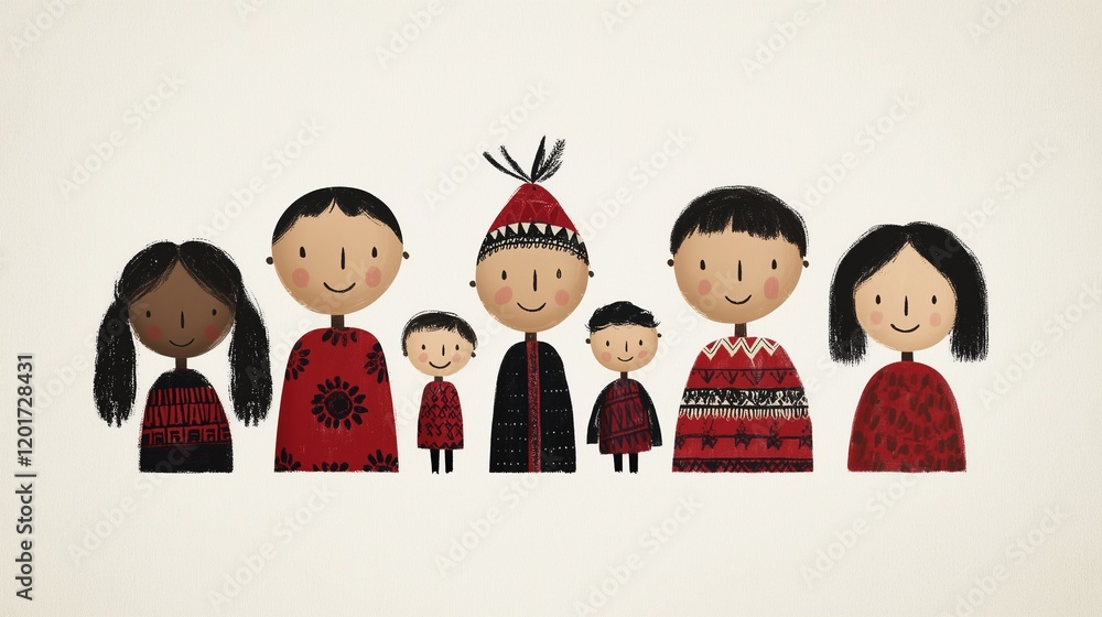 Whimsical Family Portrait with Parents and Children in Traditional Clothing, Featuring a Variety of Cultural Styles and Patterns in a Minimalist and Colorful Illustration Design
