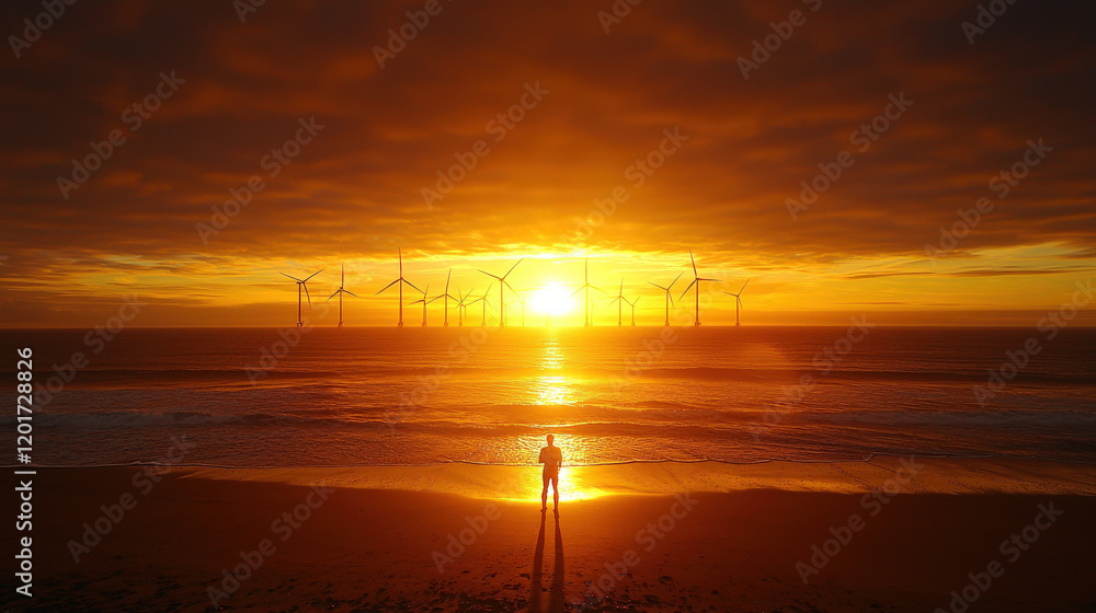 Silhouette of person on beach at sunset, offshore wind turbines Silhouette of person on beach at sunset, offshore wind turbines