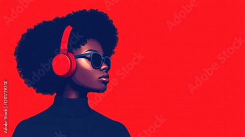 Creative Afrofuturist Illustration of Woman with Headphones in Bold Red Background Perfect for Modern Art and Music-Themed Designs photo