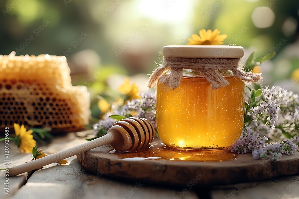 Honey jar with honey dipper and flower more wooden table.
Honey jar with honey dipper and flower more wooden table.