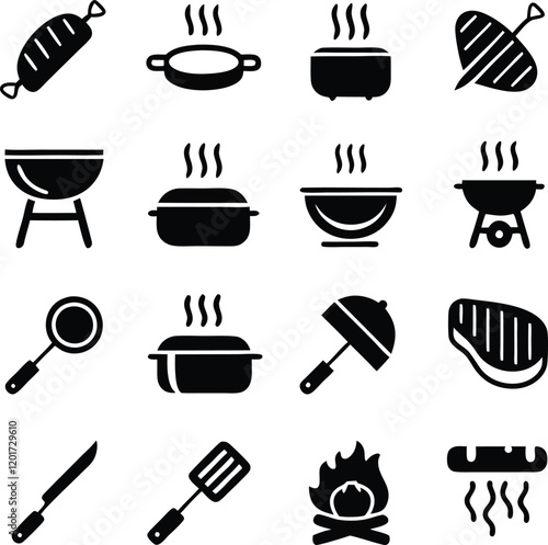 Grilling, Cooking, BBQ Icons Utensils, Food, and Fire