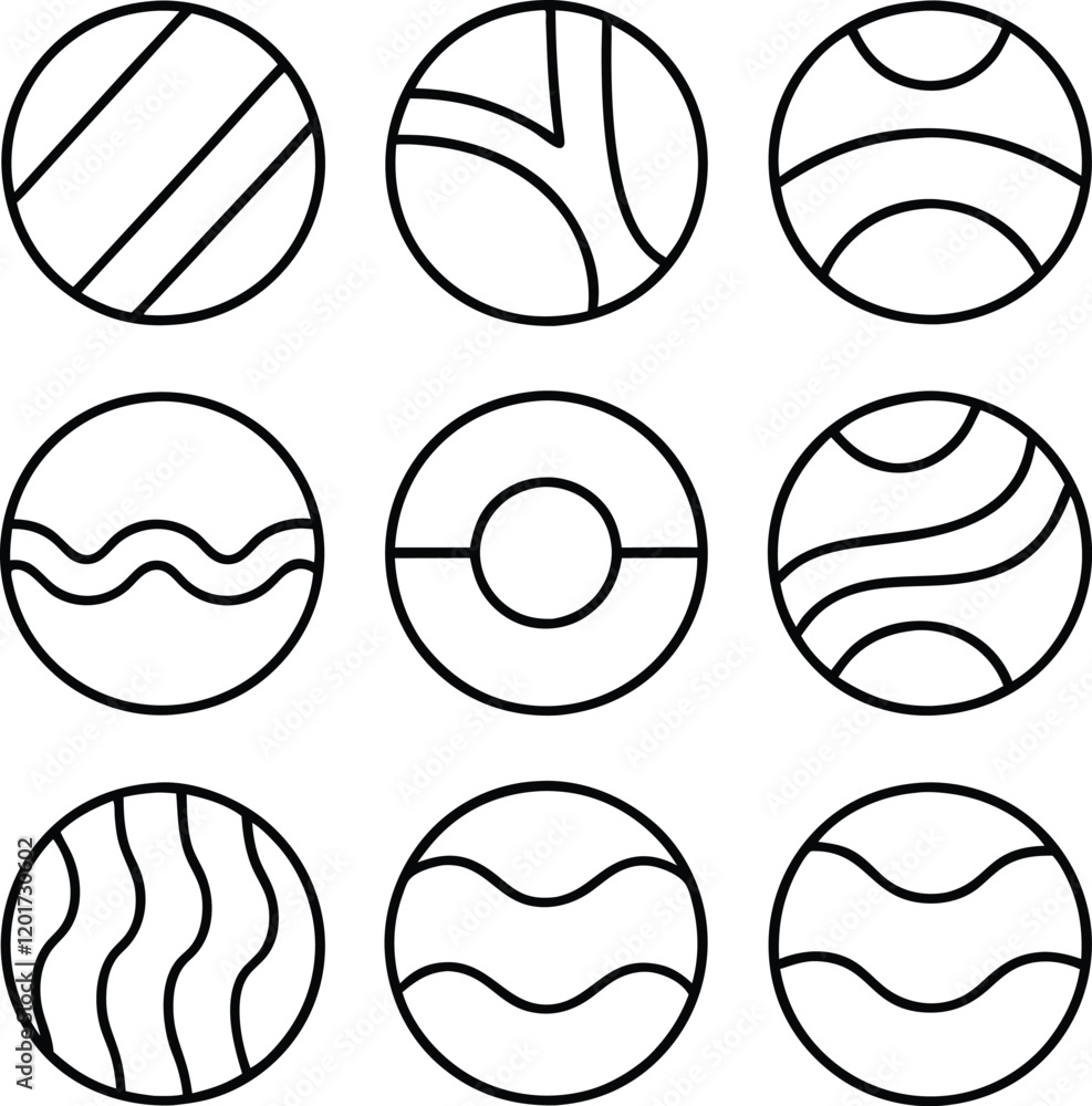 Nine Circular Abstract Geometric Line Pattern Designs Icons