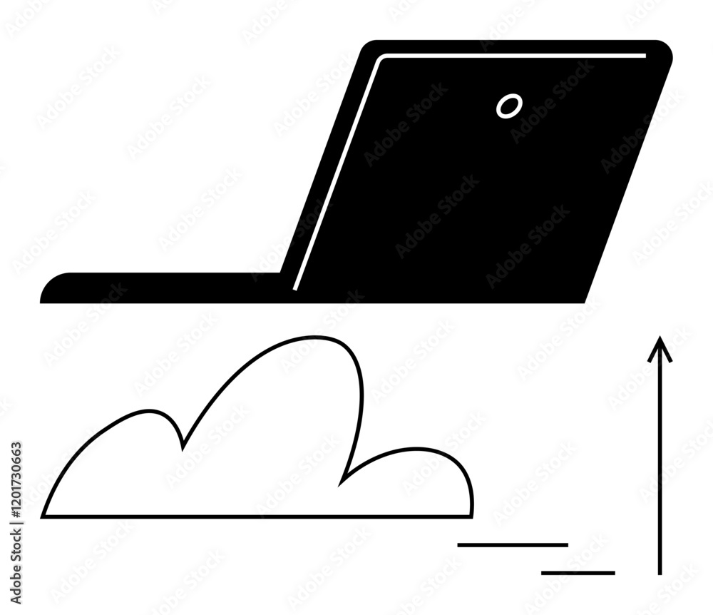 Minimalistic laptop cloud upward arrow symbolize digital connectivity cloud storage technology innovation. Ideal for tech, growth, efficiency, modern solutions, data, progress, innovation. Line Minimalistic laptop cloud upward arrow symbolize digital connectivity cloud storage technology innovation. Ideal for tech, growth, efficiency, modern solutions, data, progress, innovation. Line