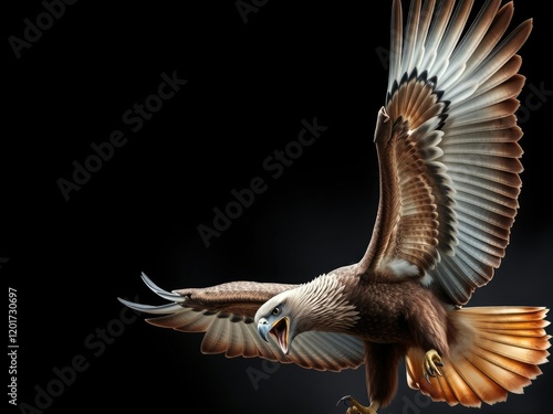 An intense close-up of a majestic eagle with outspread wings, fiercely fighting against a dark black background for survival, wildlife, majestic, eagle photo