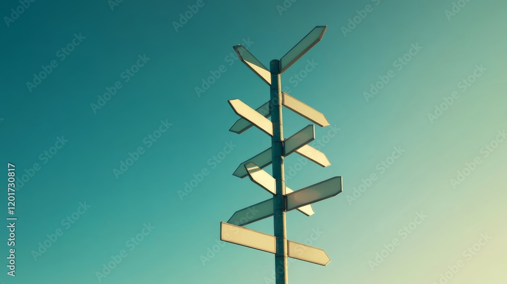 Futuristic Multi-Arrow Signpost Under Blue Sky Gradient - Modern Directional Concept Design Futuristic Multi-Arrow Signpost Under Blue Sky Gradient - Modern Directional Concept Design