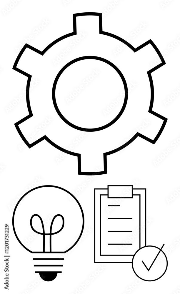 Gear for efficiency, lightbulb for creativity, and checklist with a checkmark for organization. Ideal for concepts thumbs up teamwork, innovation, goal-setting, strategy, productivity, business Gear for efficiency, lightbulb for creativity, and checklist with a checkmark for organization. Ideal for concepts thumbs up teamwork, innovation, goal-setting, strategy, productivity, business