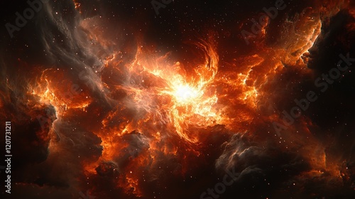 Fiery Cosmic Nebula with Bright Core and Swirling Gases