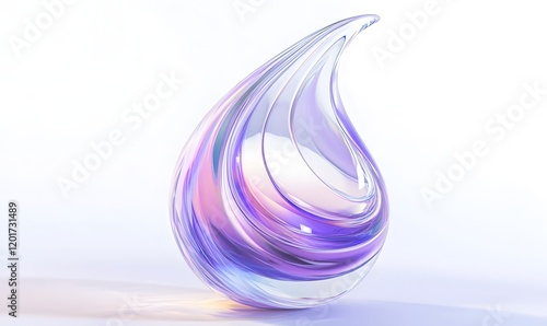 Abstract teardrop glass sculpture with iridescent purple and pink swirls on white background.