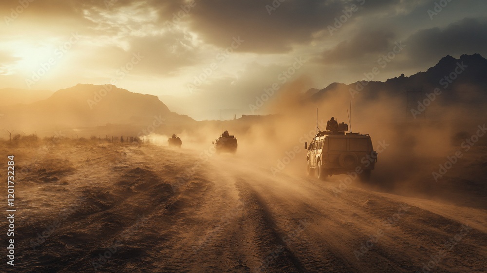 Fototapeta premium Desert convoy sunset; soldiers travel dusty road; mountains background; military operation image