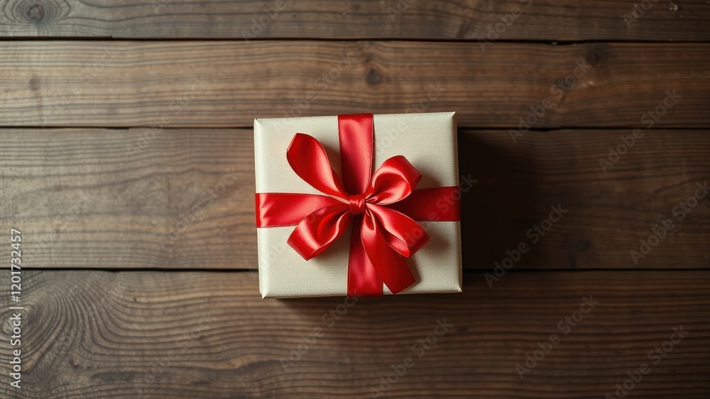 Fototapeta premium A single gift box with a large red bow, resting on a rustic wooden surface, symbolizes the joy and anticipation of receiving a special present.