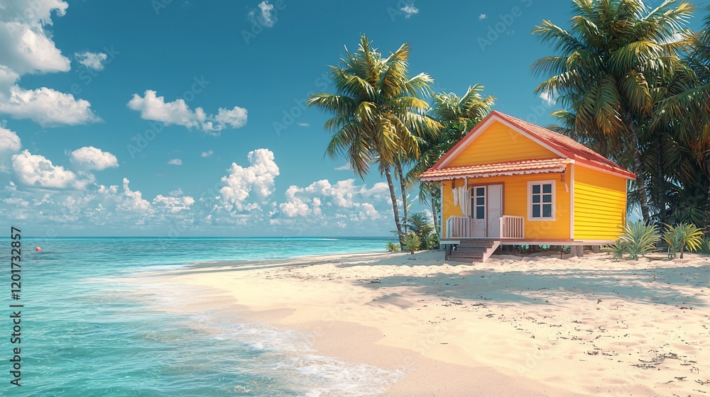 Yellow beach house on tropical island. Yellow beach house on tropical island.