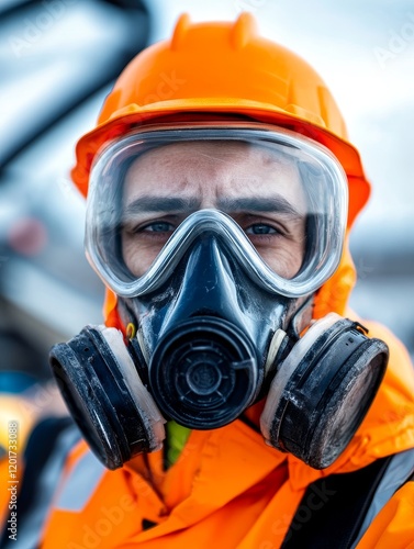 Worker in Safety Gear - Close-up of a worker wearing a respirator, safety glasses, and hard hat.  Focus on safety and industrial work. photo