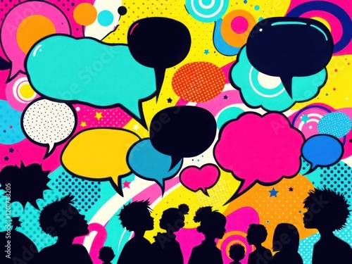 Vibrant Pop Art Crowd with Speech Bubbles