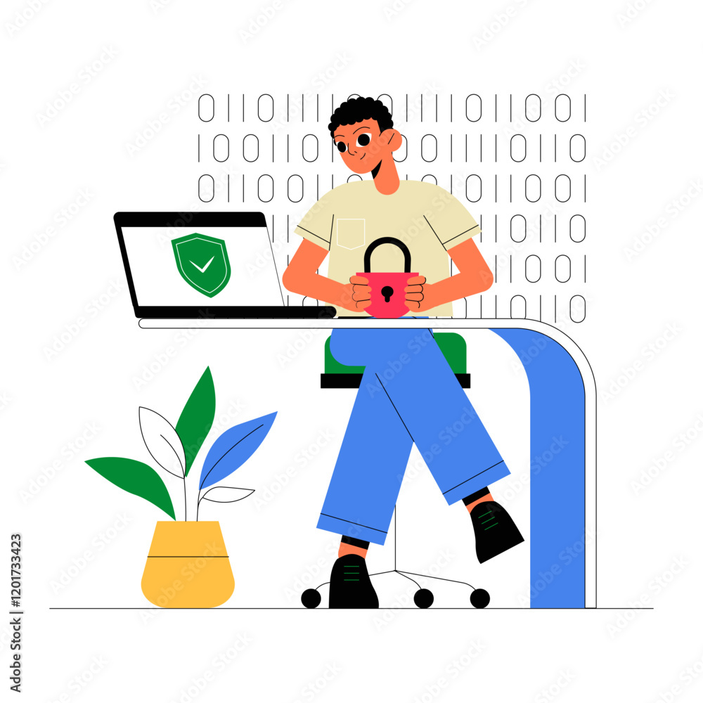 Male Character With Laptop Holding A Locked Mug In Flat Vector Illustration Symbolizing Cybersecurity, Data Protection, And Internet Privacy, Isolated On White Background Male Character With Laptop Holding A Locked Mug In Flat Vector Illustration Symbolizing Cybersecurity, Data Protection, And Internet Privacy, Isolated On White Background