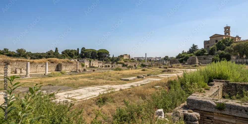 Ancient city ruins under a bright blue sky, desert landscape, abandoned structures Ancient city ruins under a bright blue sky, desert landscape, abandoned structures
