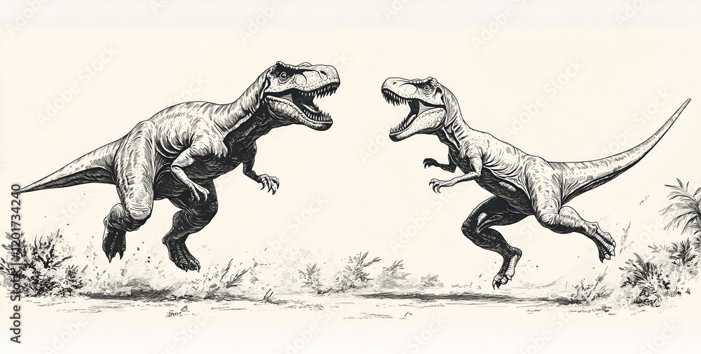 Fototapeta premium Black and white line drawing of two dinosaurs running towards each other. 