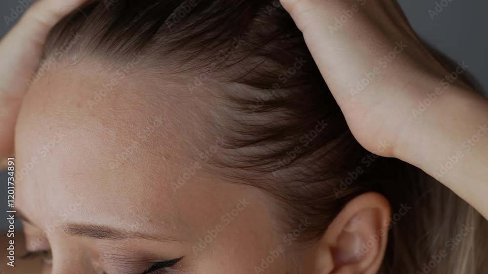 Young blonde woman showing acne and wrinkles on her forehead. Pimples, hormonal changes. Problem skin, care and beauty concept. Dermatology, cosmetology. Close-up Young blonde woman showing acne and wrinkles on her forehead. Pimples, hormonal changes. Problem skin, care and beauty concept. Dermatology, cosmetology. Close-up