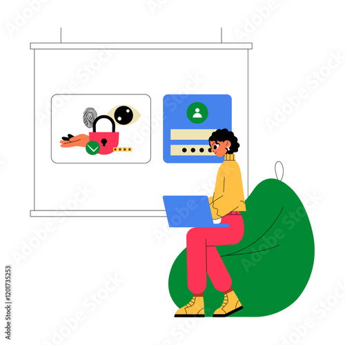 Woman On Bean Bag Using Laptop In Flat Vector Illustration Symbolizing Online Privacy And Cybersecurity Education, Isolated On White Background