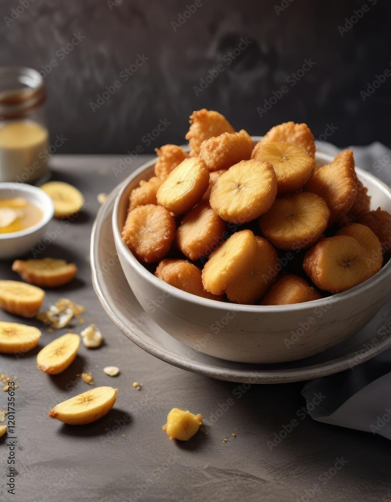 Fototapeta premium A bowl of crispy fried banana fritters with honey , fritter, dessert, food