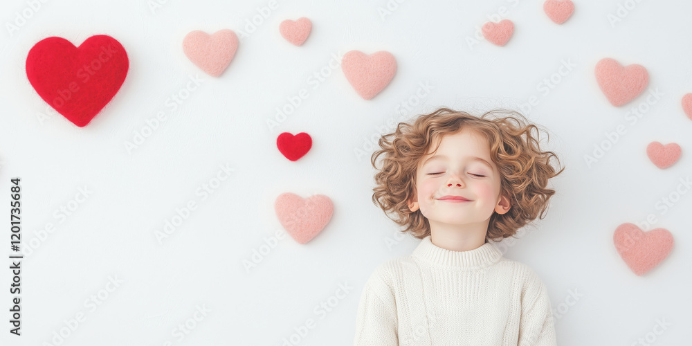 Cute Smiling Boy with Curly Hair on a White Background with Pink and Red Hearts. Valentine's day, Love and Romantic concept Cute Smiling Boy with Curly Hair on a White Background with Pink and Red Hearts. Valentine's day, Love and Romantic concept