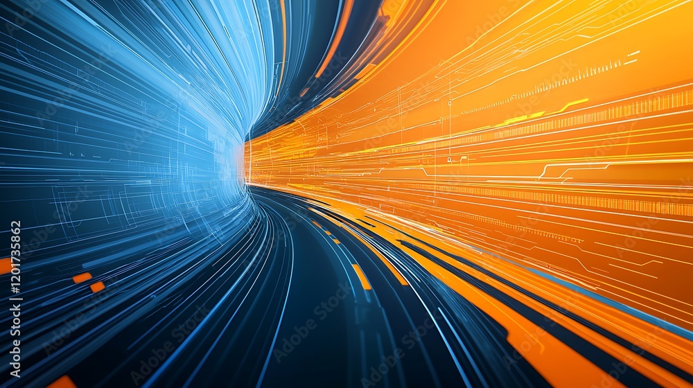 An eye-catching futuristic technology interface showcasing bright orange and blue elements, emphasizing innovation and digital energy in a dynamic design.